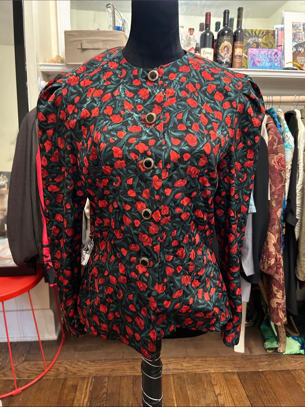 Leslie Fay Black Button-Up Blouse with Red and Green Floral Print